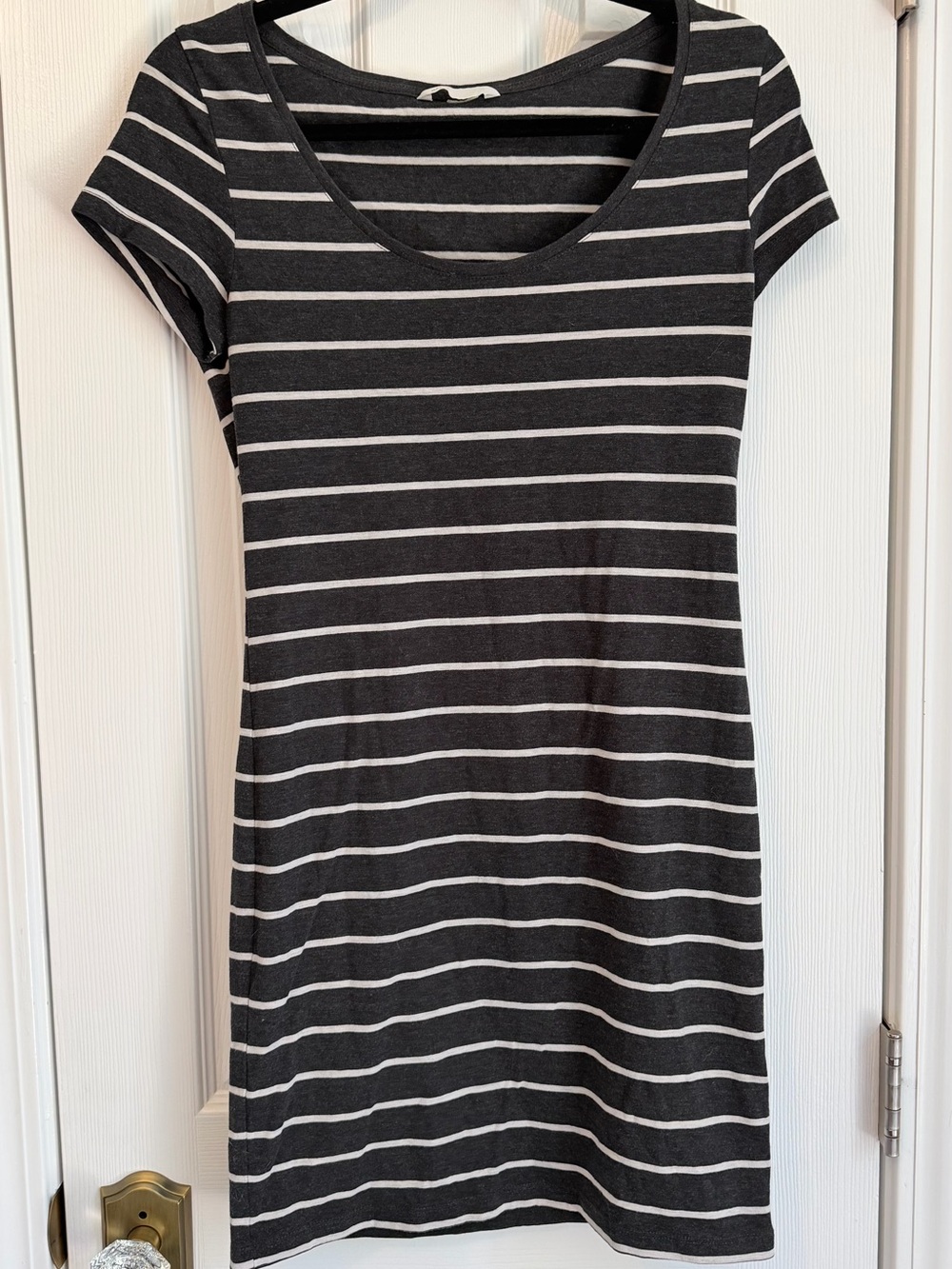 Women's Black & White Striped Scoop Neck T Shirt Dress
